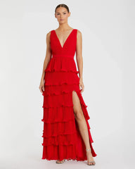 Sleeveless Ruffle Tiered V Neck Gown