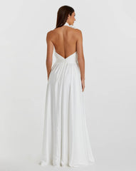 White Soft Tie Halter Neck High Slit Gown