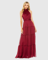 Red Tie Halter Neck Tiered Gown