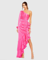 Pink One Sleeve Cut Out Asymmetrical Ruffled Gown