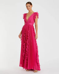 Pleated Ruffle Cap Sleeve Flowy A Line Gown