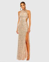 Gold Side Cut Out High Neck Sequin Gown