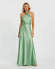 Green Ruched Halter Neck Tie Back Satin Gown