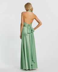Green Ruched Halter Neck Tie Back Satin Gown