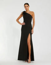 Crepe One Shoulder Fitted Evening Gown With Bow
