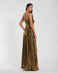 Gold Thin Strap Pleated Metallic Gown With 3D Flower