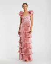 Pink Pleated Charmeuse Tiered Gown With Ruffle Straps