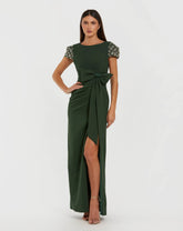 Dark Green Beaded Cap Sleeve Crepe Gown With Bow and Slit