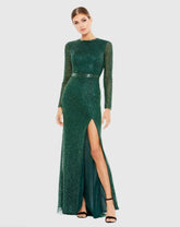 Green Beaded High Neck Long Sleeve Gown With Detailed Belt