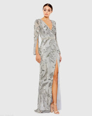 Silver Sequined Faux Wrap Split Long Sleeve Gown