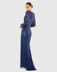 Navy Sequined Wrap Over Bishop Sleeve Gown