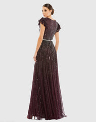 Dark Purple Sequined Wrap Over Ruffled Cap Sleeve Gown
