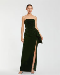 Strapless High Slit Draped Velvet Gown