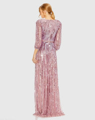 Purple Sequined Wrap Over 3/4 Sleeve Gown