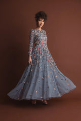 Gray Embellished High Neck Long Sleeve A Line Gown