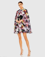 Black Multicolor Floral Print High Neck Ruffle Hem Cape Mini Dress