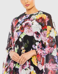 Black Multicolor Floral Print High Neck Ruffle Hem Cape Mini Dress