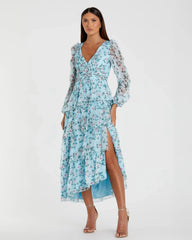 Blue Puff Sleeve Floral Printed Dress