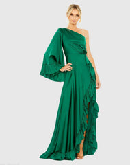 Green Long One Sleeve Asymmetrical Ruffle Hem Gown