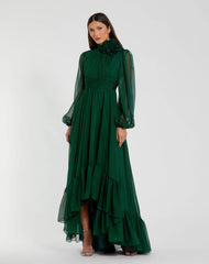 Green High Low Long Sleeve Chiffon Gown With 3D Flower