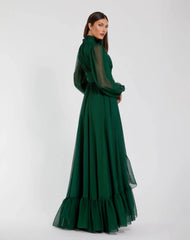 Green High Low Long Sleeve Chiffon Gown With 3D Flower