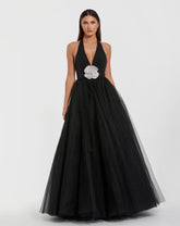 Black Halter Neck Ballgown with Rhinestone Flower