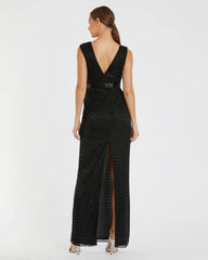Black Beaded Cap Sleeve V Neck Column Gown