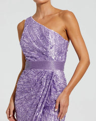 Purple Sequined One Shoulder Draped Lace Up Gown