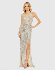 Silver Sequined Halter Strap Trumpet Gown