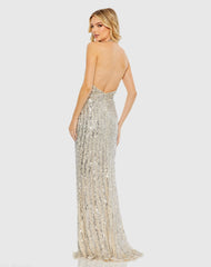 Silver Sequined Halter Strap Trumpet Gown