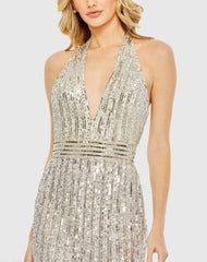 Silver Sequined Halter Strap Trumpet Gown