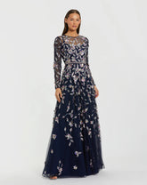 Navy Long Sleeve Floral Embellished Evening Gown