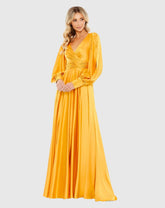 Yellow Split Bishop Sleeve Wrap Over Flowy Gown