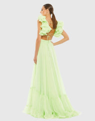 Light Green Ruffle Tiered Cut-Out Chiffon Gown