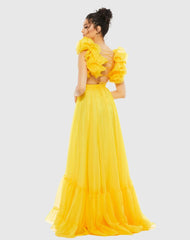 Yellow Ruffle Tiered Cut-Out Chiffon Gown