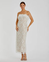 White and Beige Embellished Feather Strapless Column Dress