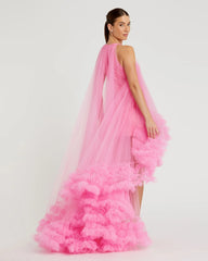 Pink Tulle High Neck Sleeveless Ruffled Hem Hi-Low Gown