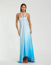 Blue Charmeuse Tie Halter Neck Ombre Gown
