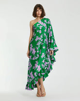 Green Printed Charmeuse One Shoulder Draped Gown