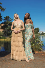 Green Off-the-Shoulder Bustier Floral Column Gown