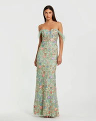 Green Off-the-Shoulder Bustier Floral Column Gown