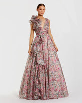 Sleeveless V-Neck Floral Chiffon Ruffle Ball Gown