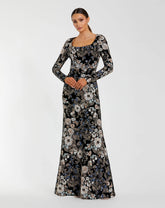 Black Multicolor Embroidered Velvet Evening Gown with Long Sleeves