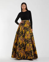 Black and Yellow Brocade Jersey Long Sleeve Ball Gown