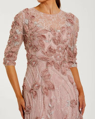 Pink High Neck Embellished Lace Gown with 3/4 Sleeves