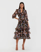 Black Floral Chiffon Ruffle Midi Dress with 3/4 Sleeves