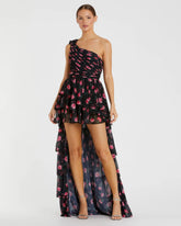 Black One Shoulder Ruffled Rose Print Layered High-Low Dress - FINAL SALE