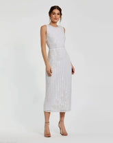 White Striped Floral Embellished Sleeveless Midi Dress