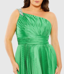 Green One Shoulder Embellished Pleated Sleeveless Gown