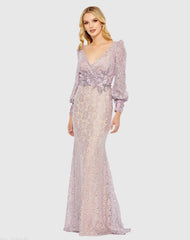 Purple Lace Long Sleeve V Neck Embellished Gown - Final Sale